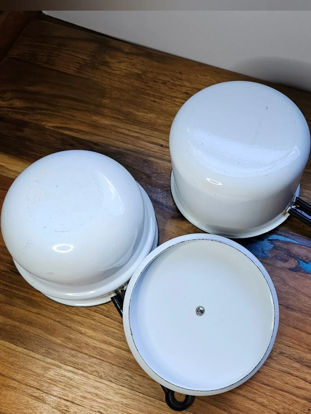 Vintage Vollrath Ware Enamel Double  Boiler 3 Piece Set White Black Trim